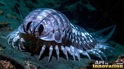 Large black eyes stare forward as a pale giant isopod crawls across the dark seabed under bright light