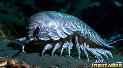 A giant isopod crawls along the deep ocean floor under bright white light