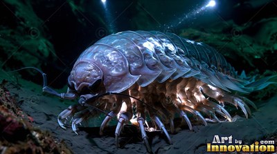 Crawling low on the shadowy ocean floor, a giant isopod under two bright lights