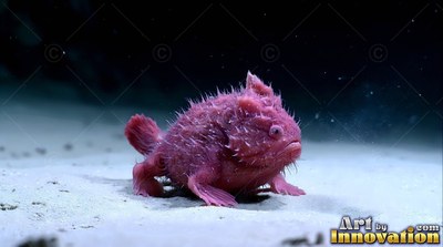 On the pale ocean floor, a spiky pink anglerfish rests on sandy ground