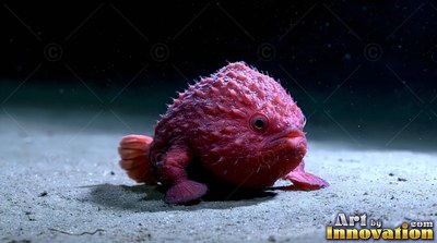 Resting on pale sand, a spiky round pink fish sits in the dim ocean water