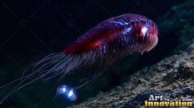 Thin reddish tentacles trail from a jellyfish swimming over the dark ocean rocks