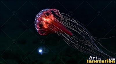 Drifting diagonally downward in the dark sea, a red jellyfish trails thin tentacles