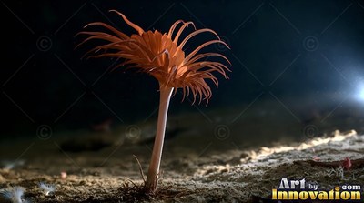 Rooted in the sandy seabed, an orange sea anemone spreads thin tentacles in the shadowy ocean
