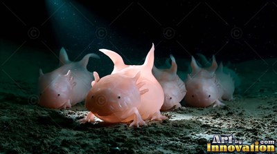 Pale pink sea pigs crawl across dark sand under a soft downward beam of light