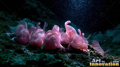 Resting side by side on the dark seabed, pale pink fish huddle in the light