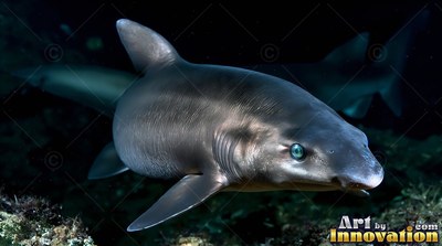 Swimming near the dark ocean floor, a gray shark has bright blue-green eyes