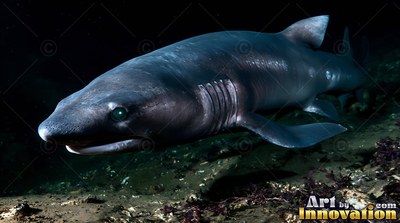 Pale green eyes stare forward as a dark shark glides over the rocky seabed under dim light