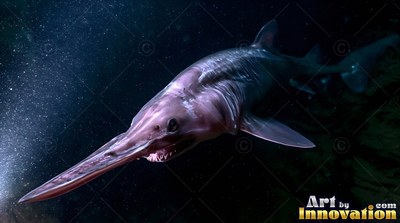 Angled downward in dark water, a pink goblin shark swims past bubbles