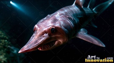 A pink goblin shark swims forward in dark ocean water near a distant light