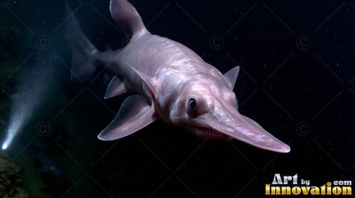 Swimming through pitch-deep black water, a pale pink goblin shark angles toward the light