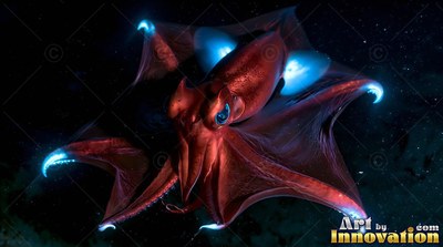 Red squid spreading webbed arms with bright blue spots in dim water