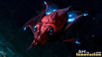 Large blue eyes on a reddish squid drifting in the shadowy water with blue tipped fins