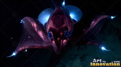 A reddish squid spreads its webbed arms in dark water with bright blue tips on its fins
