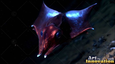 Gliding downward in deep water, a reddish squid with blue highlights
