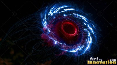 In deep water, a round jellyfish shines with bright blue lines and a deep red center