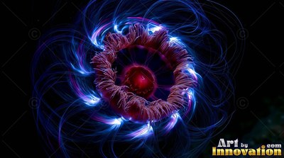Floating in dark water, a deep sea jellyfish flares blue and purple tentacles