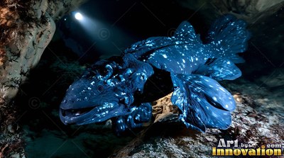 Spotted blue scales cover a coelacanth fish swimming near rocky sea caves under flashlight beams