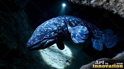 Swimming down through a dark underwater cave, a speckled coelacanth fish in a spotlight