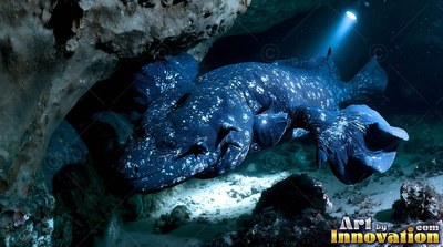 A speckled blue coelacanth swims near a dark rock cave under a beam of light