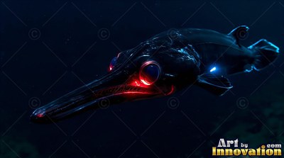 In dark ocean water, a black fish swims with red light under large eyes