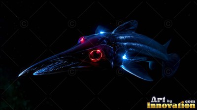 Swimming in deep water, a deep sea fish shines with red eyes and blue lights