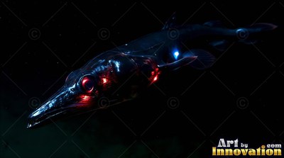 Slender black fish swimming in dark water with red and blue lights
