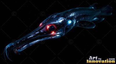 Bright red eyes stand out on a glassy blue fish swimming through pitch black ocean