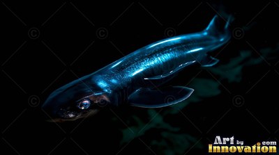 A dark shark swims downward through the black water, with metallic blue light along its back