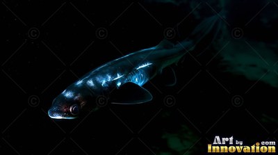 Angling downward in the dark water, a slender shark shines with faint blue light