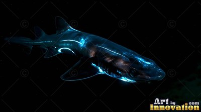 A sleek dark shark swims through pitch black water with bright blue highlights along its skin