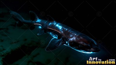 In the pitch black ocean depths, a blue shark swims forward