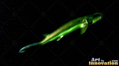 Swimming through the black water, a bright green shark angles downward into the dark