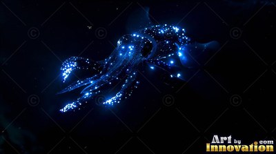 Swimming downward in dim water, a squid shines with bright blue dots