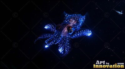A small squid covered in bright blue spots swims through pitch deep black water