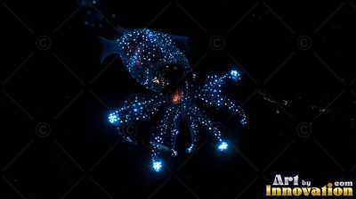 In pitch black water, a squid swims covered in tiny bright blue spots