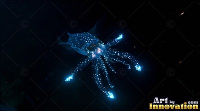 Drifting in dark water, a small squid shines with bright blue dots along its arms
