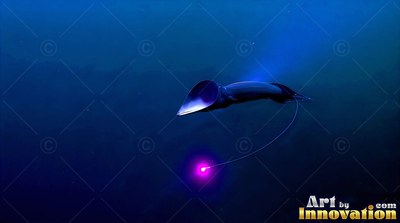 A gulper eel swims with a bright pink lure in dark blue water