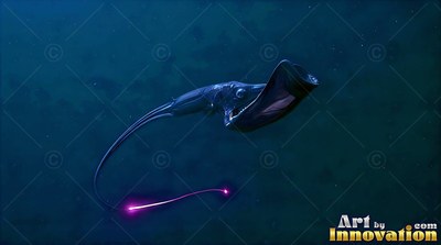 A wide open mouth leads an eel-like black fish through dark blue water with bright pink tail lights