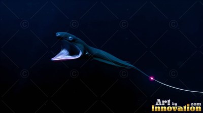 A gulper eel swims with its wide jaws open, showing a small pink light on its long tail
