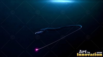 Curving through dark water, a gulper eel trails a long thin tail with a bright pink tip