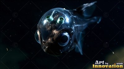 A small deep-sea fish with a see-through dome head swims in the shadowy ocean water