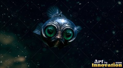 In black deep water, a round metallic fish stares ahead with huge green eyes