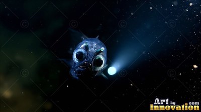 Deep sea fish with large round eyes facing a beam of light