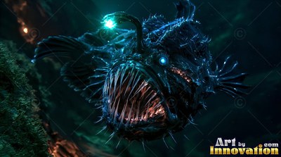 Long needle teeth bar the open mouth of a black anglerfish swimming in dim water