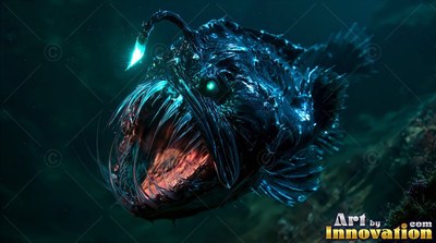 An anglerfish opens its sharp-toothed mouth wide under a small bright blue lure
