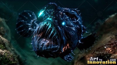 Facing forward in the dark sea, a black anglerfish bares sharp teeth