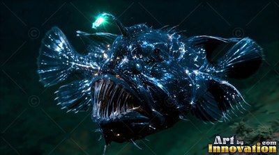 A black anglerfish swims forward with a bright green light dangling over its sharp teeth