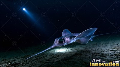 On the dark sea floor, a long-nosed fish swims under a blue beam of light