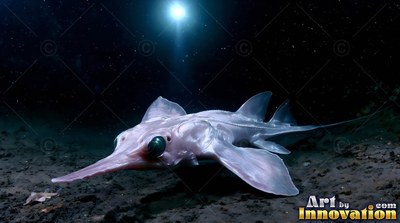 Gliding over dark seabed, a pale chimaera fish swims under a bright spotlight